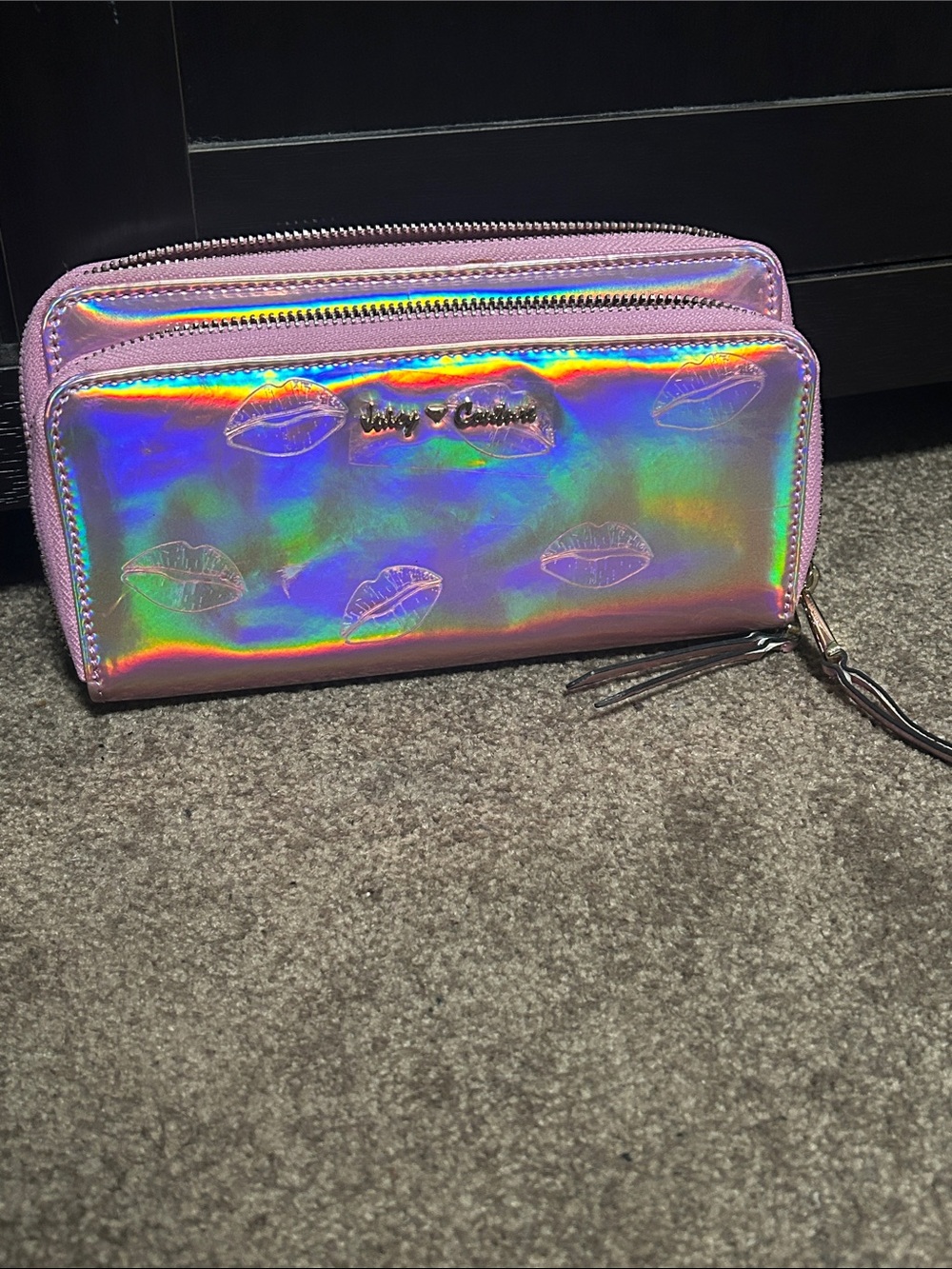 Juicy Couture Iridescent Pink Holographic Lip-Embossed Zip Wallet
